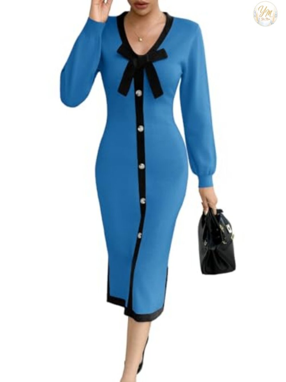 Wenrine V Neck Sweater Dress Bodycon Button Bow Midi Fall Winter Casual Office